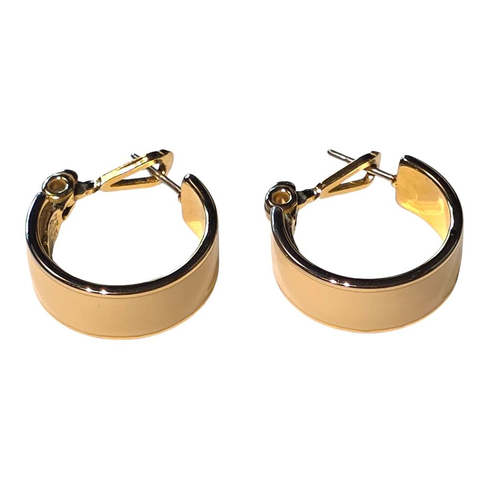 MONET Gold-Tone Cream Enamel 5/8” Hoop Locking Post Earrings Vintage